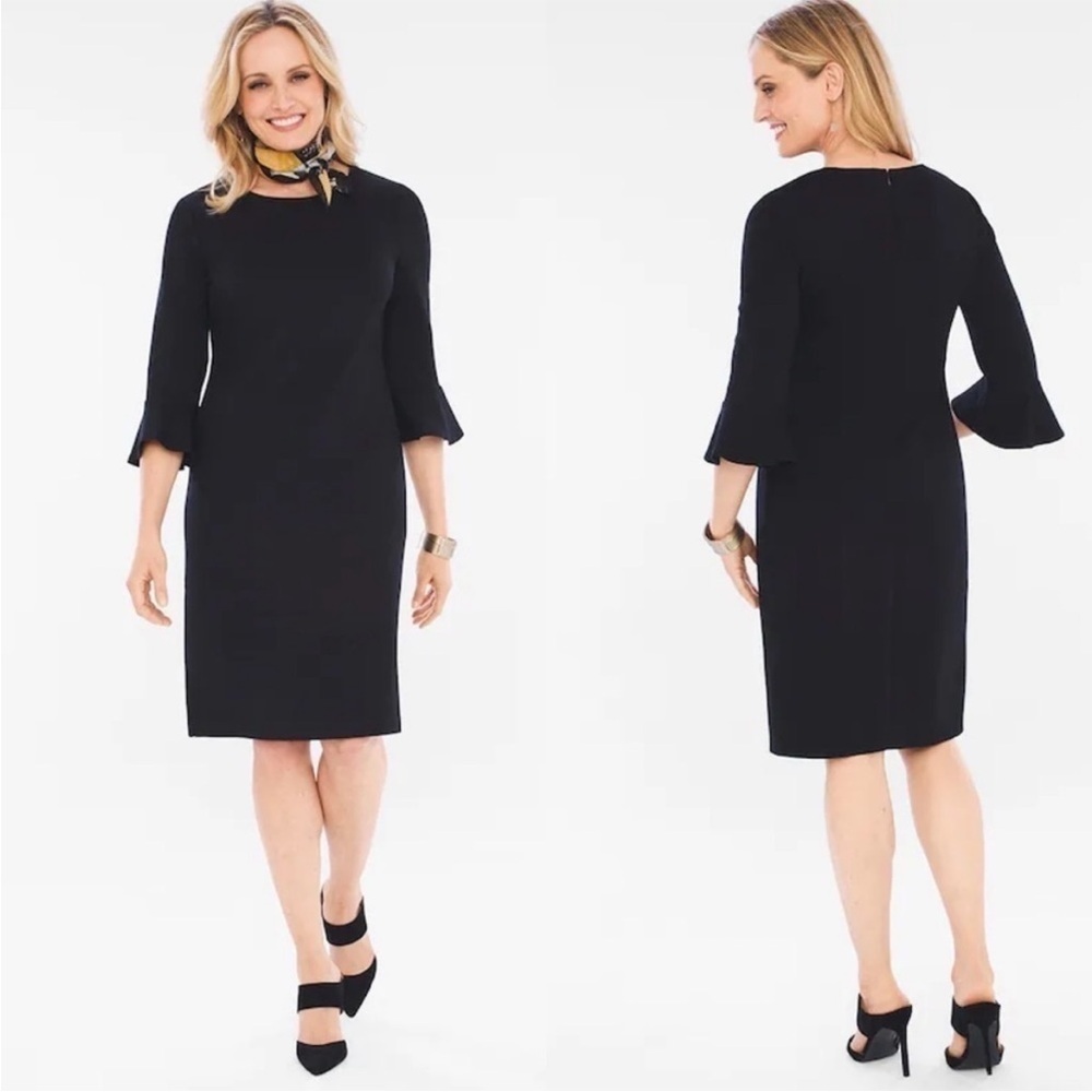 Chico’s Black Ponte Bell Sleeve Shift Dress Size 1 (Medium 8/10) Ruffle Cuff LBD